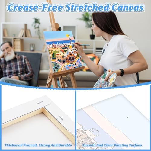 KEYIFA Paint by Numbers for Adults on Framed Canvas - with Wooden Easel, Park Güell Painting by Number Kit for Beginners, DIY Barcelona Acrylic Paint-by-Number Kits for Home Wall Decor (8x12 inch)