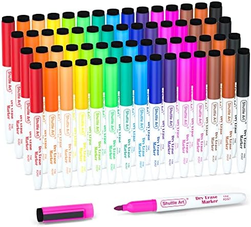Dry Erase Markers, Shuttle Art 60 Bulk Pack 15 Colors Magnetic Whiteboard Markers with Erase, Fine Point Dry Erase Markers Perfect for Writing on Whiteboards, Glass, Mirror for School Office Home