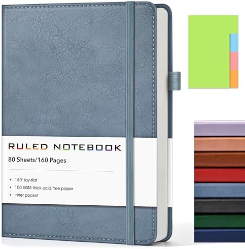 Lined Journal Notebook, A5 Hardcover Leather Journals for Writing, 160 Numbered Pages, 5.7'' x 8.3'' Journaling Notebooks for Men Women, Thick Paper College Ruled Journal for Work Office School, Dusty Blue
