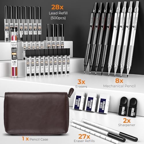 Nicpro 45PCS Black & Silver Metal Mechanical Pencil Set in Leather Case, Art Drafting Pencil 0.5, 0.7, 0.9 mm, 2mm Lead Holders for Sketching Drawing With 27 Tube (6B 4B 2B HB 2H 4H Colors)Lead Refill | Art Drafting Pencil 0.5-0.9 mm, 2mm Lead Pencil H...