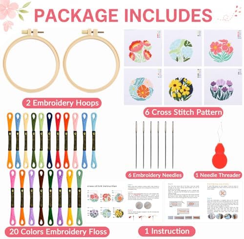 ZOIIWA 6PCS Flower Embroidery Kit for Beginners Adults Summer Cross Sewing Kits DIY Starter Hand Embroidery Kit with Needlepoint Patterns Hoop Threads Needles Instructions Craft Gift for Home Decor