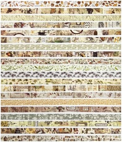 Vintage Brown Skinny Washi Tape Set 20 Rolls -Antique Patterns Masking Thin Basic Decorative Tapes for Arts, DIY Crafts, Bullet Journal, Planners, Scrapbook Decor, Gift Wrapping, Junk Journal