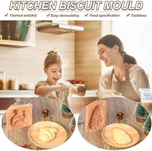 Meanplan Carved Wooden Cookie Mold, Baking Embossing Cookies Stamp Mold Cutter Funny 3D Heart Wood Rose Dessert Tools for Christmas Kitchen DIY Baking Tools(Squirrel, Pine Cone)