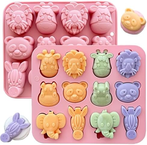 2-Pack Animal Chocolate Molds - Cute Silicone Candy Molds with Panda, Elephant, Hippo, Lion Shapes, Multi-Purpose for Chocolate, Jelly, Soap,Ice Cube Candle Making, Food-Safe & Easy to Demold