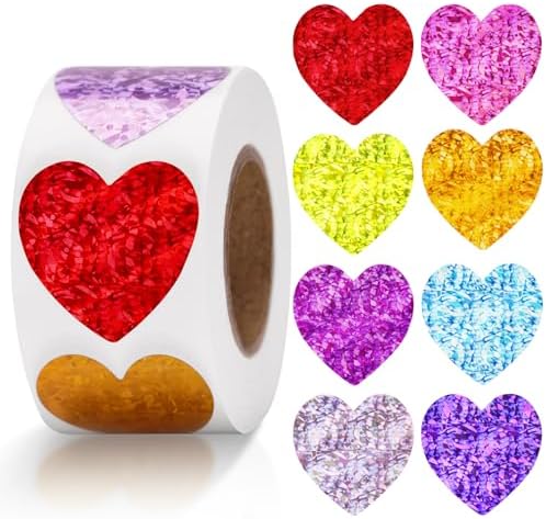 Anwyll Heart Stickers - 500Pcs 1Inch Valentines Day Heart Stickers Holographic Colored Heart Shape Sticker for Reward Classroom Self Adhesive Love Incentive Sticker for Envelope Seal Birthday Wedding