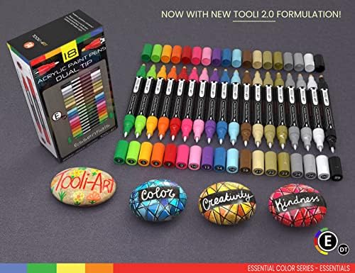 TOOLI-ART Acrylic Paint Markers Paint Pens Set Essential Color Series For Rock Painting, Canvas, Mugs, Plastic, Metal, Glass Paint, Fabric, Wood, DIY. Non Toxic, Quick Dry,Waterbased (18 DOUBLE SIDED)