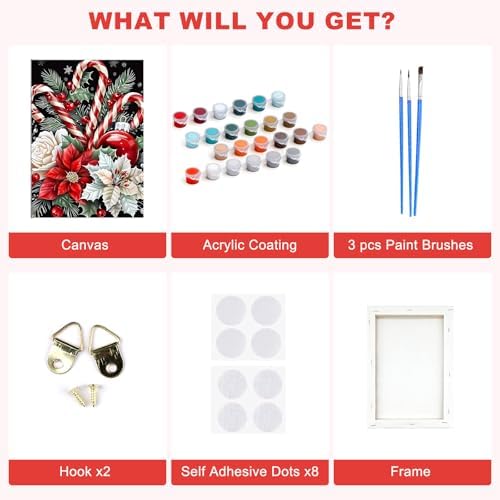 SENQAO Christmas Paint by Numbers for Adults Framed, Candy Flower Adults' Paint-by-Number Kits, Adult Paint by Number Kits on Canvas, Acrylic Number Painting for Home Decor, 8x12inch