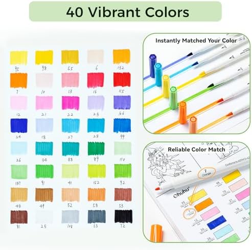 Ohuhu Adult Coloring Book 30 Patterns with 40 Colors Paper-Friendly Markers 230gsm Spiral Bound Coloring Book for Adults Relaxation Water-Based Markers for Adult Coloring Books No Bleeding - Pupe B