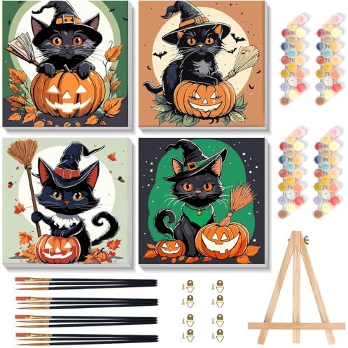 4 Pack Halloween Paint by Number for Kids with Wooden Frame - Wooden Easel