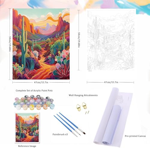 Natuyalo Paint by Numbers Kit for Adults Beginners and Kids, 16" Wx20 L Canvas Pictures Drawing Acrylic Paintwork with 3 Pcs Paintbrushes, Cactus in Wilderness