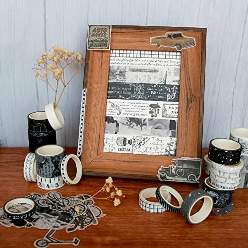 20 Rolls Vintage Washi Tape Set & 30 Pcs Black Retro Sticker, Wide Floral Aesthetic Masking Tape for Scrapbook Supplies,Junk Journal,Planner,DIY Decor, Craft (Black)