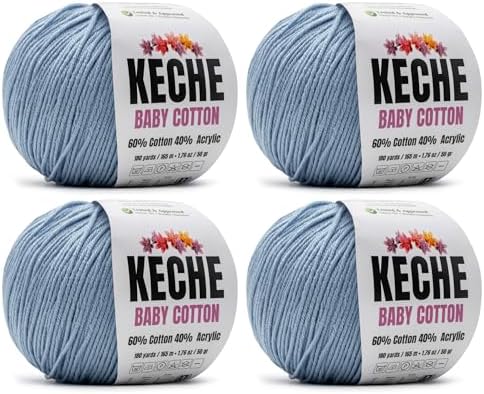 Keche Baby Cotton, 60% Cotton 40% Acrylic Yarn, Soft Cotton Yarn for Crochet and Knitting, Amigurumi Yarn 4 Skeins/Balls [1.76 Oz (50g) / 180 Yrds (165m)] x 4 - Light Blue