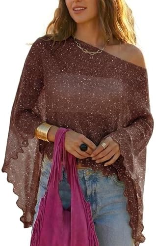 MAKABO Women's Crochet Sheer Poncho Top Lightweight Sparkly Shrug Pullover Knit Bolero Sweater Cover Up Beachwear