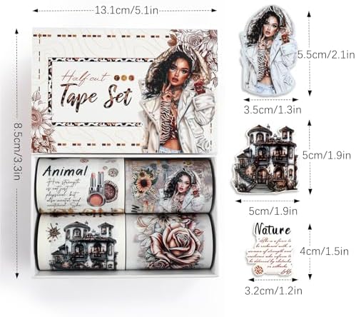 Dizdkizd Washi Tape Set, 4 Pre-Cut Animal Print PET & Washi Tapes Stickers with Diverse Sexy Women, Flowers, Adult Journaling Supplies for Collage Scrapbooks Craft Project