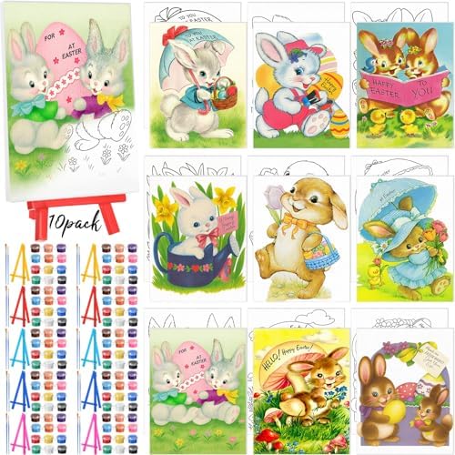 Blosssound 10 Set Easter Vintage Pre Printed Canvas Bunny Eggs Pre Drawn Canvas Painting with Easel Kits 5" x 7" Outline Painting Panels for Beginners, DIY Craft Project, Party Favor, Home Decors