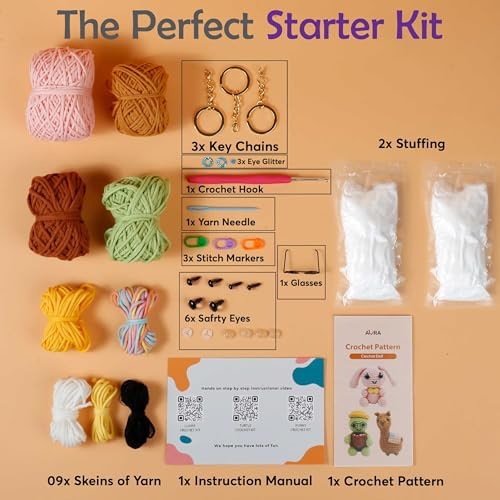 A-URA 3-in-1 Learn to Crochet Kit for Beginners Kids and Adults, Premium Pattern Sunflower, Panda Cactus, Hanging Pot Plant Beginner Crochet Kits with Easy Tube Yarn (3, Animal Pattern)