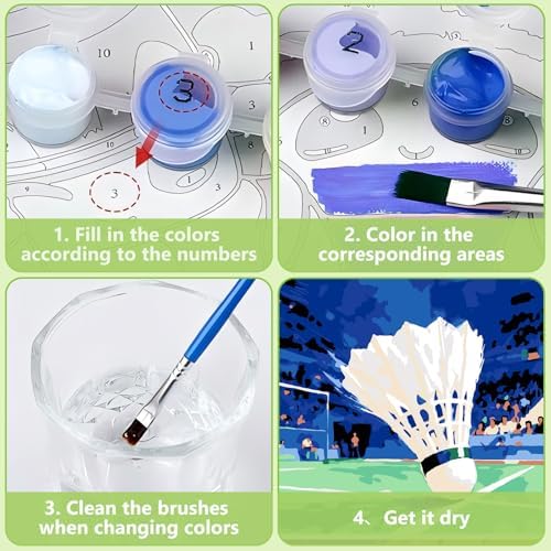 Reivworl Badminton Paint by Numbers Kit for Kids with Frame 8×8 inch
