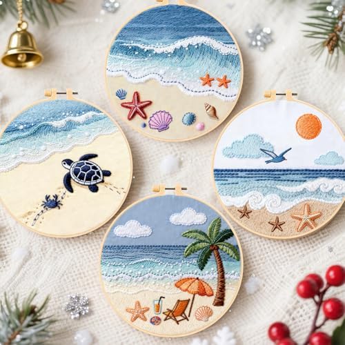 FREEBLOSS 4 Set Embroidery Kit for Beginners Adult Beach Stamped Embroidery Starter Kit with Instructions Needlepoint Accessories and Supplies for Craft Lover Hand Stitch, 2 Hoops 11.6"/29.5cm