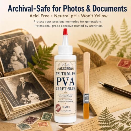 ALECPEA PVA Glue 4 oz for Crafts and Paper Projects | Water-based white glue dries clear and includes a brush for paper, cardboard, fabric, foam, felt, and light wood