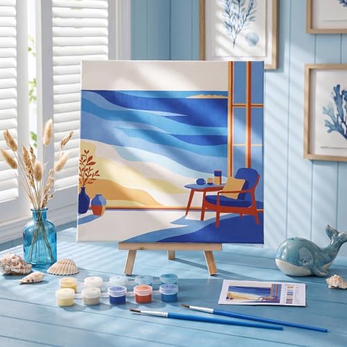 Nezyo 8 Sets 8 x 8 Inch Paint by Numbers Kit for Adult Beginners with Wooden Easels Acrylic Paint by Number Landscape Paintings Kits for DIY Party Home Decor Gift(Blue Ocean)