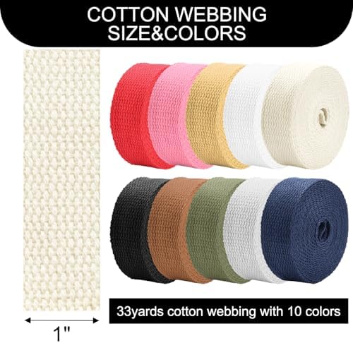 Cotton Webbing 1 Inch 12 Yards Cotton Webbing Straps for Bags Handles, 1 Inch Weave Webbing for Cloth Tote Bag Straps Making,Cloth Belt, DIY Crafts Decoration (Mix Color 33Yards, 1 inch)