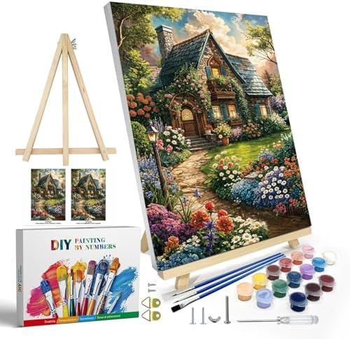 JOOZ Paint by Numbers Kit for Adults with Frame, Landscape Paint by Number Canvas, House Flowers Paint by Number with Easel, DIY Acrylic Oil Painting Kit for Home Wall Decor 8 x 12 Inch
