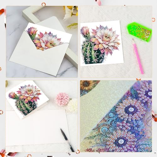 Tontut 6pcs Diamond Art Painting Kit Greeting Card, Cactus Flower 5D DIY Diamond Handmade Holiday Glitter Greeting Card with Envelope, Holiday Gift Congratulation