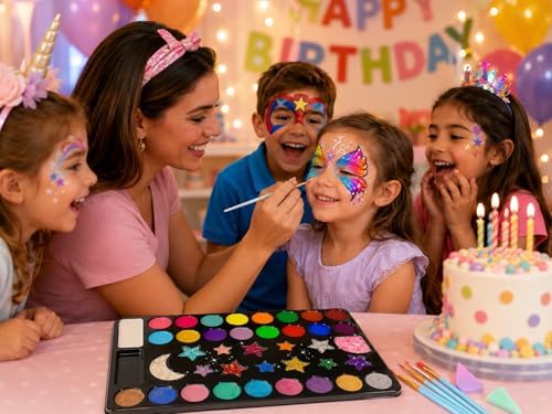 Face Painting Kit, Oil Based Body Paint Waterproof Sweatproof Non-Toxic Facepaint Palette with Brush, Stencil, Sponge, Gem, for Party Halloween 4th of July World Cup (40 Colors Kit + Setting Powder)