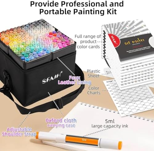 SFAIH 168 Alcohol Markers Set with Leather Marker Organizer- Dual Tip Brush and Chisel Permanent Pens for Adult Coloring, Anime Drawing, Illustration, with Premium Carrying Case & Adjustable Strap