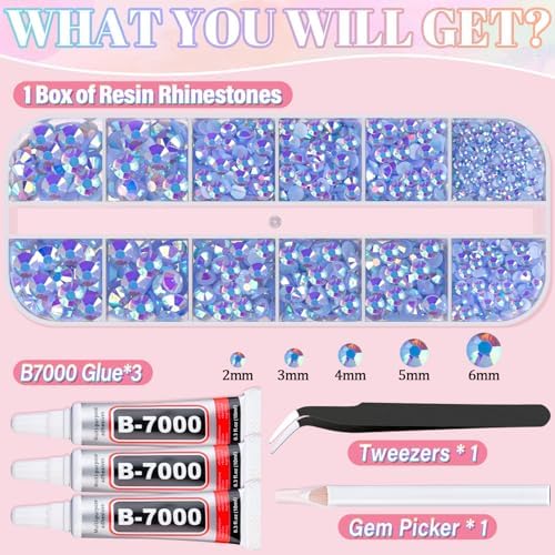 Resin Rhinestones for Crafting with 3Pcs 10ml B7000 Jewelry Glue, 1 Box Light Blue AB Flatback Gems Crystals Diamond for Bedazzling Crafts DIY Nail Art Makeup, Gems for Clothing Tumblers Shoes