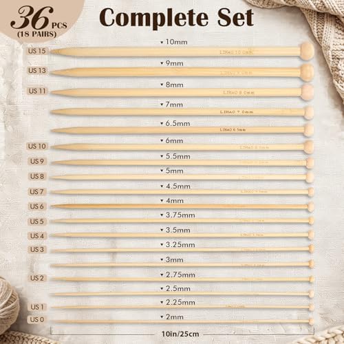 LIHAO 36 PCS Bamboo Knitting Needles Set