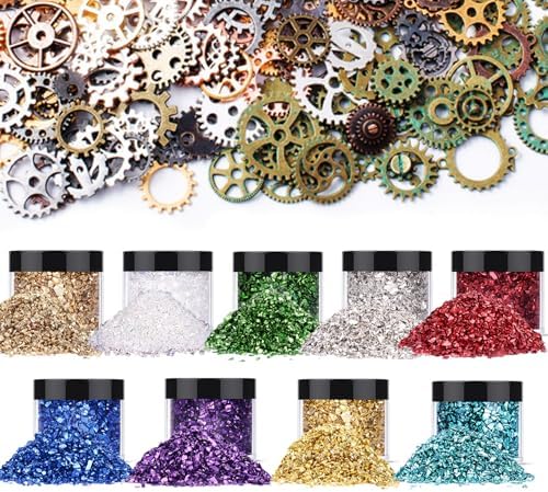 9 Box Broken Crushed Glass Glitter, with 100 g Steampunk Gears,6.4oz/180g Irregular Shards Metallic Crystal Chips 2-4mm Chunky Flakes Sequins Gravel for Epoxy Resin Craft Supplies G009
