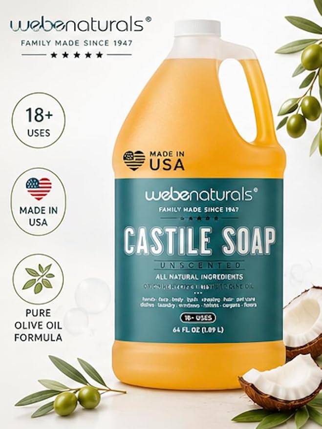 WEBE Naturals Pure Unscented Castile Soap Refill, 64 Oz | Face, Body Wash, Dishes, Pets & Laundry