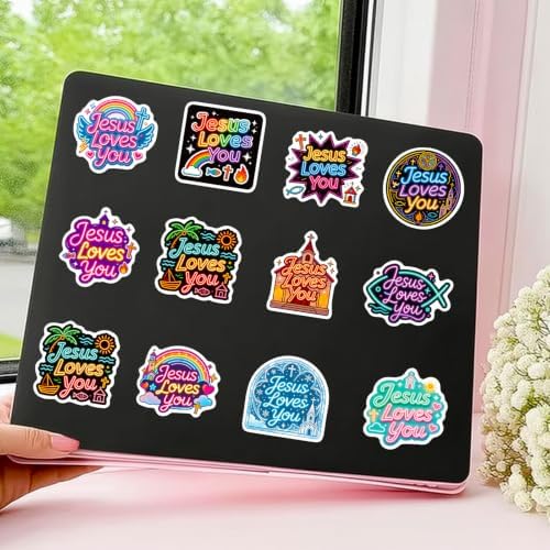 DothRayan 100PCS Neon Jesus Loves You Stickers Jesus Loves You Party Favors Birthday Party Decorations Vinyl Waterproof Stickers for Water Bottle Laptop Luggage