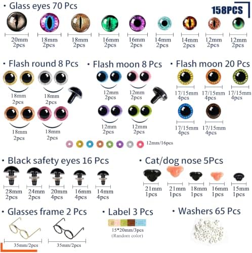 CSCHENGO 158PCS 12-28mm Amigurum Glass Safety Eyes for Crochet Animals,Glitter 3D Moon/Middle/Black Crochet Safety Eyes/Glasses/Labels/Sling,Adult Crochet Set for Creative Art Making