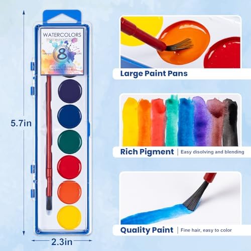 72 Pack Watercolor Paint Set Bulk,8 Colors Washable WaterColor Paint for Kids, Water Color Paint with Brushes, Ideal Gift for Party Favors, Art Supplies for School Classroom Home