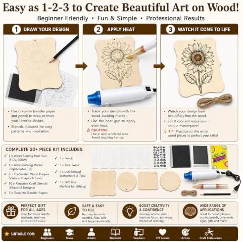 Xenolog Wood Burning Kit for Beginners - Complete 20+ Piece Pyrography Set with Heat Gun, Markers, 9 Wood Plaques, Stencils, Transfer Paper - Art Craft Gift for Adults, Teens, DIY Artists