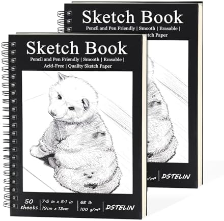 DSTELIN 2 Pack 7.5 x 5.1 Inch Spiral Bound Sketch Pad, Black Cover, 50 Sheets,100gsm, Hardcover, Suitable for Sketching and Drawing, Ideal for Daily Art Creation