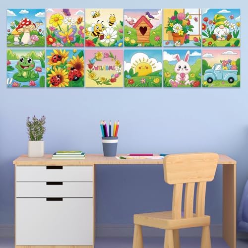Anseal 12 Packs Pre Drawn Canvas to Paint, 4" X 4" Spring Pre-Printed Paint Party, Pre Stretched Canvas Outline Painting Boards for Paint Lovers, Party Favor