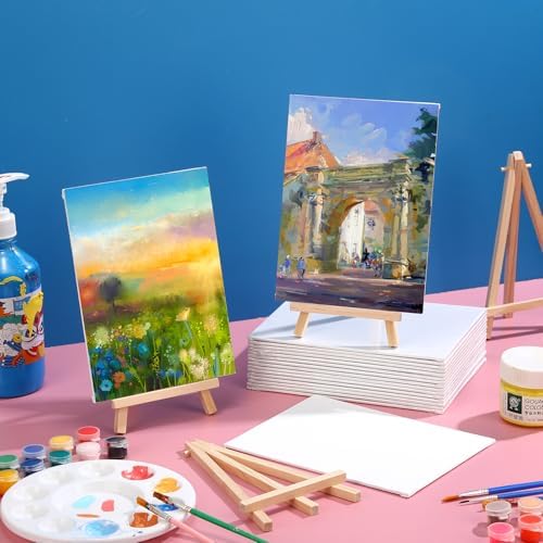 Motimind 36 Pcs 6 x 8 Mini Canvas and 8" Easel Set Bulk for Paint Party