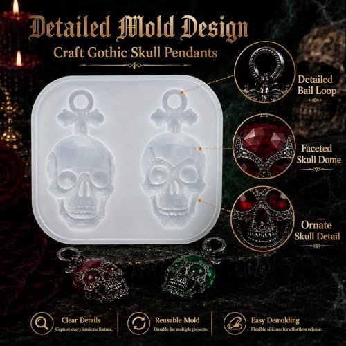 Gothic Bat Top Faceted Skull Silicone Resin Mold with Pre-Made Hanging Hole, 2 Cavity Skull Pendant Epoxy Mold, DIY Jewelry Charm Casting Supplies for Halloween & Christmas Crafts (KL05)