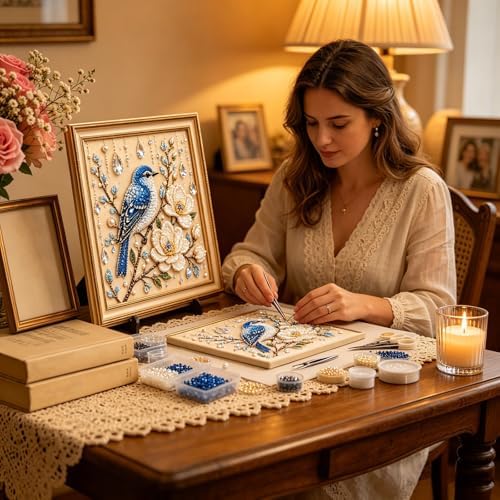 Pearl Art Kits for Adults Bird Flower DIY Beaded Embroidery Kits with Crystal Rhinestones Pearl Painting Craft Kit with Pre-Printed Canvas Handmade Home Wall Decor Gift (Blue Bird)