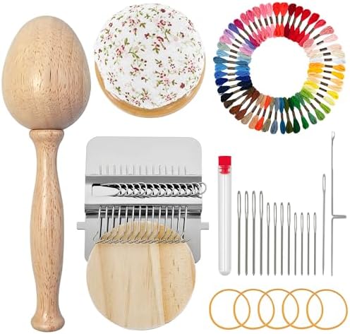 Mini Darning Loom,Egg Knitting Patch Kit with 14 Hooks Small Weaving Loom 13 Pcs Large Eye Needles 50 Color Threads for Handcraft DIY Weaving Repair Tool Darning Kit for Beginners Mending Jeans Socks