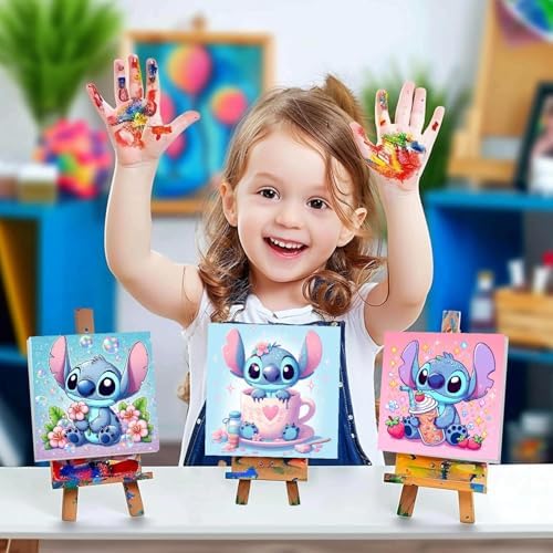 nekpiahu 6 Pack Cartoon Paint by Numbers for Kids with Framed Canvas-with Wooden Easel, Paint by Number for Kids Ages 4-8-12, DIY Easy Acrylic Oil Painting Kits for Home Wall Decor (8X8inch)