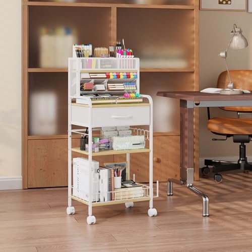 Homsorout Art cart, 3 Tier Rolling Cart - Utility Cart with Storage Drawer and Wheels, Versatile Art & Craft Organizer for Home, Office, or Studio Ideal for Storing Brushes, Paints （ White）