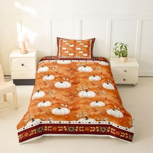Erosebridal Fall Thanksgiving Duvet Cover Toddler Size Pumpkin Maple Leaves Bedding Set for Kids Boys Girls Warm Harvest Comforter Cover Fall Bedclothes Room Decor