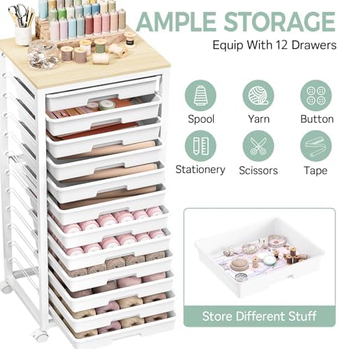SYKIARIOL Rolling Cart with 12 Drawers,White