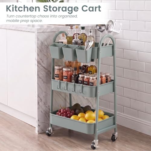 danpinera 3-Tier Rolling Cart, Utility Cart Mobile Metal Rolling Storage Cart with Lockable Wheels & Hanging Cups & Hooks for Kitchen, Bathroom, Office, Workshop, Gray Blue