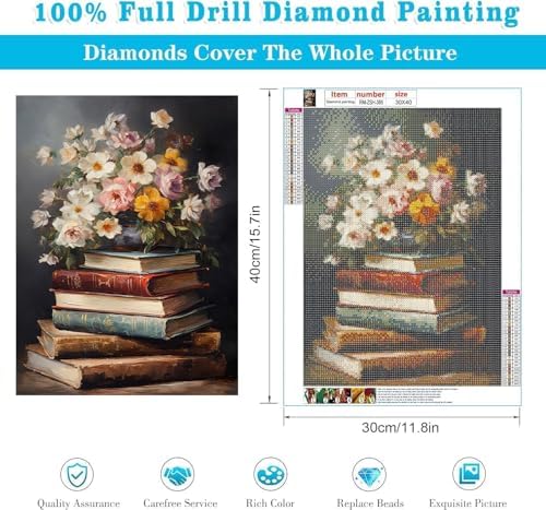RYMILIE Diamond Art Kits for Adults Vintage Flowers and Books 12x16inch | 5D Stress Relief Diamond Painting Kit for Beginners, DIY Full Round Drill Gem Art Crafts for Home Wall Decor Gift