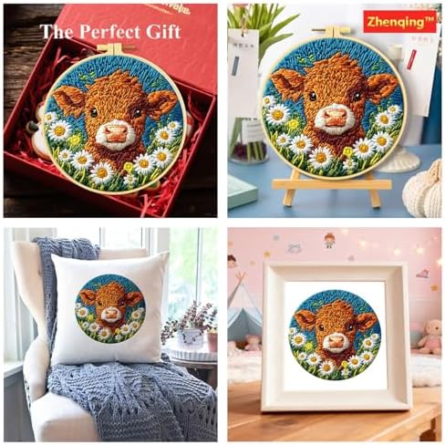 Zhenqing Cow Embroidery Kit for Beginners, Cute Farm Animal Needlework Craft with Pre-Printed Cotton Fabric, Hoop, Threads & Tools, Farmhouse Decor (C0067)